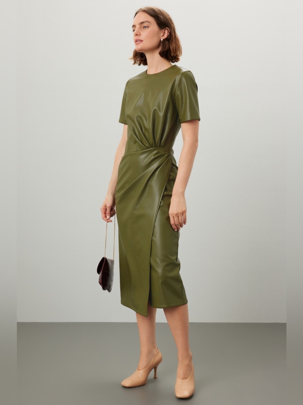 Shakuhachi Olive Faux Leather Twist-Waist Midi Dress